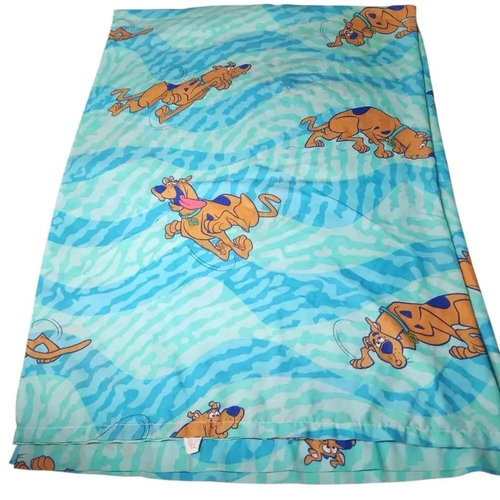 Vintage Y2K Scooby-Doo Twin Flat Sheet Aqua Blue Cartoon Bedding Warner Bros.